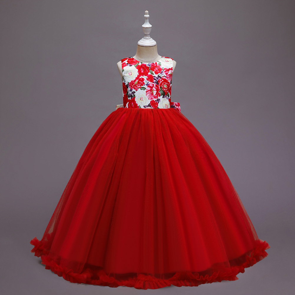 [童装]儿童礼服公主裙花朵大蝴蝶结彩色网纱蓬蓬裙小主持人演出服批发