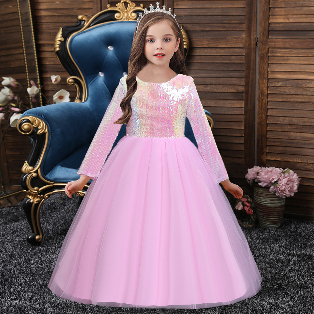 儿童裙长袖亮片晚礼服女童礼服公主裙小主持人表演服girldresse