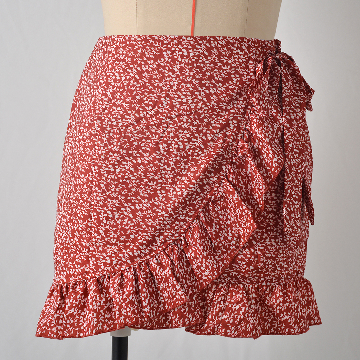 跨境女装系带荷叶边印花拉链半身裙